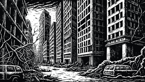 Post apocalyptic cityscape with flooded streets and abandoned cars in black and white illustration style