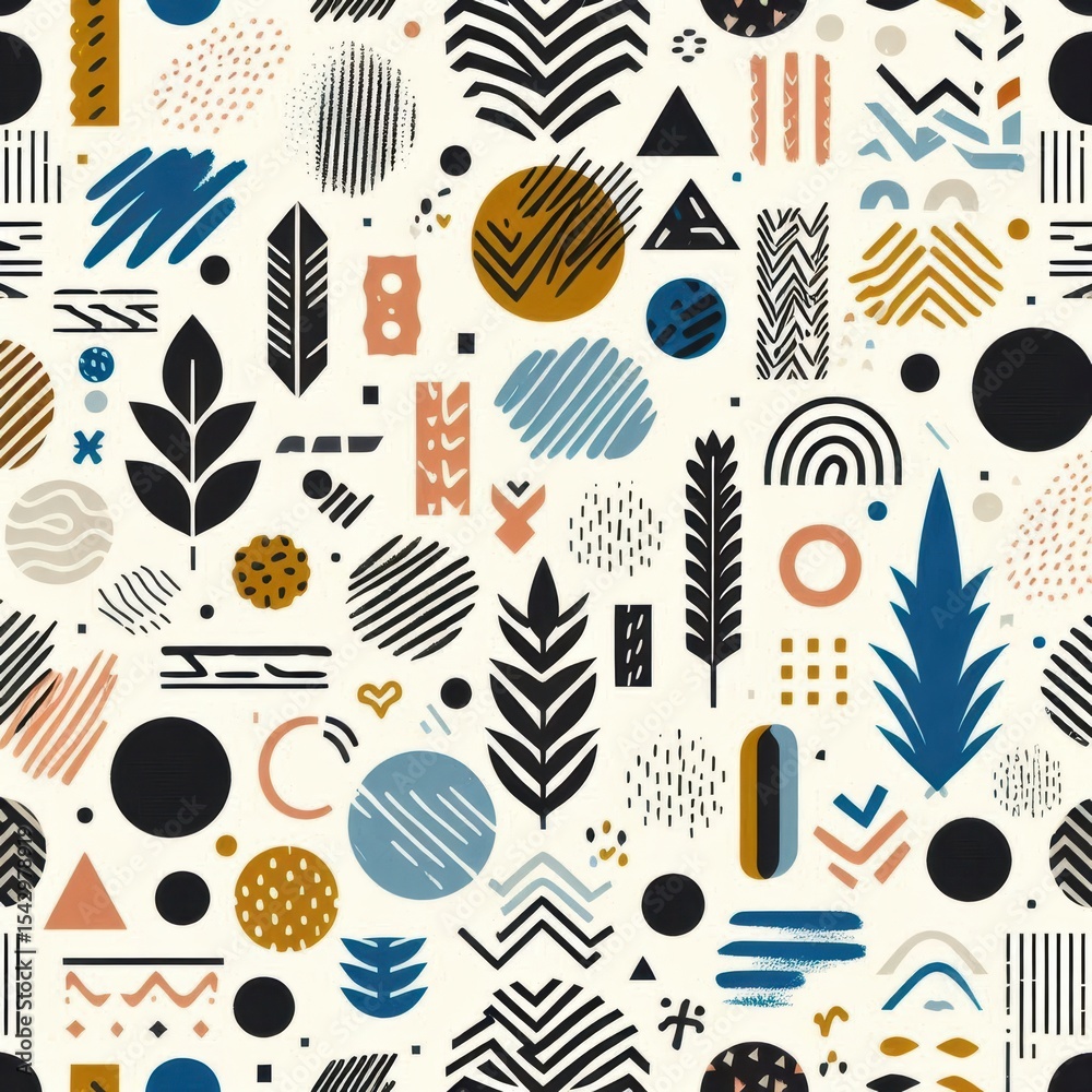 Fototapeta premium Abstract Geometric Seamless Pattern with Botanical Elements Modern Design Trendy Texture