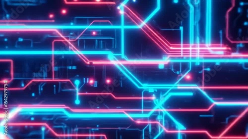 Futuristic digital technology background with glowing neon lights, data circuits. Modern AI concept for innovative high tech design. 4k video