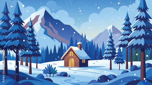 A snowy mountain landscape with a cozy cabin nestled among pine trees and falling snowflakes in winter
