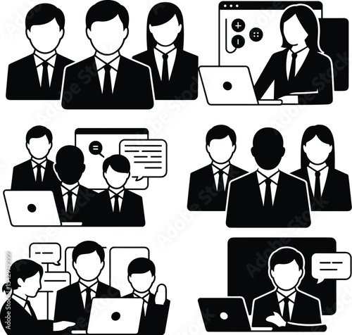 Professional Business Teamwork and Collaboration Icons: Meeting, Communication, and Productivity Scenes