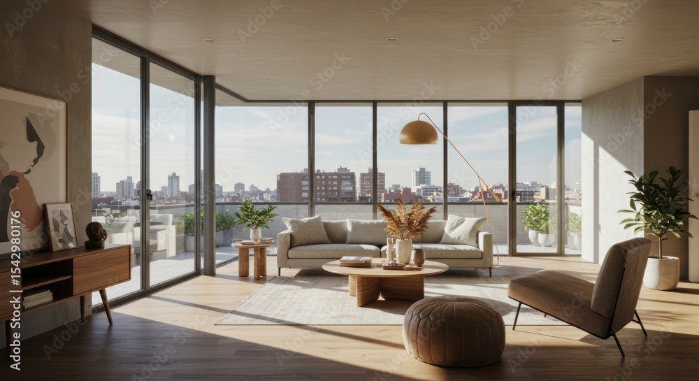 Fototapeta premium Modern Minimalist Apartment Design Open-Plan Living with City Views