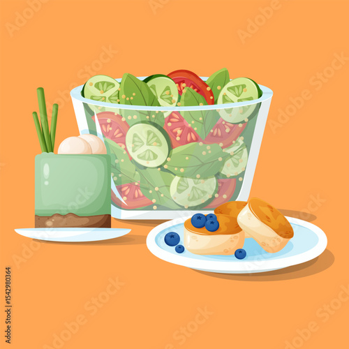 Design of Healthy and Balanced Nutrition on a Warm Background. Vector Illustration of Salad and a Pair of Sweets. Pistachio dessert design. Illustration of cheesecakes with blueberries.
