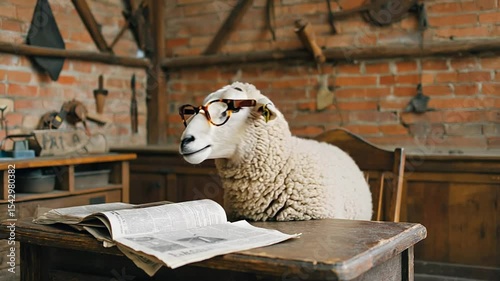 Sheep reading newspaper wearing eyeglasses in workshop.Educated sheep reading a newspaper at a desk wearing eyeglasses