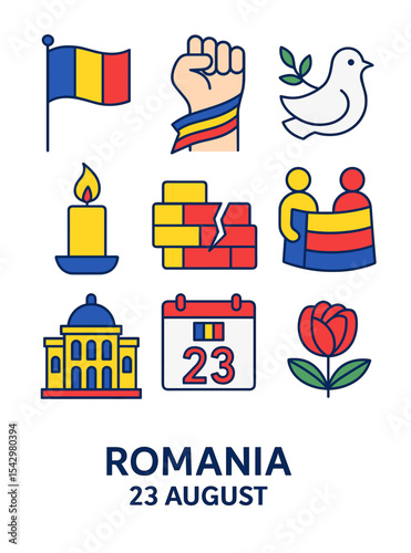 Vector icon set representing Romania and its national symbols  