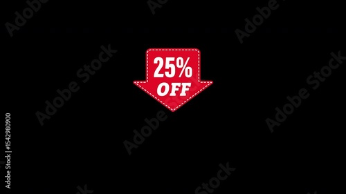 25 percent off. Arrow points to a product, item or service with a 25 percent discount. Animated banner for marketing and advertising