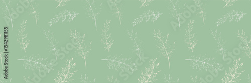 Seamless vector pattern featuring delicate, hand drawn grass stems in a soft, vintage style. The muted green background complements the subtle botanical design  for textiles, wallpaper, packaging