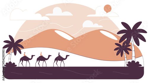 Illustration of a desert landscape with camels and palm trees under a bright sun and cloudy sky view