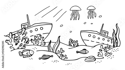 Illustration of an underwater scene with shipwrecks, jellyfish, fish, and coral in black and white