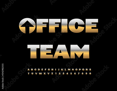 Vector Premium sign Office Team with Metallic Arrow. Elite Golden Font. Modern Luxury Alphabet Letters and Numbers set.