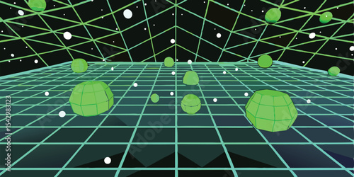 Neon grid landscape with floating green spheres and scattered white dots in a retro style scene