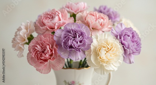 優美なパステルカラーカーネーション 花束 柔らかな光で輝く. AI Generated