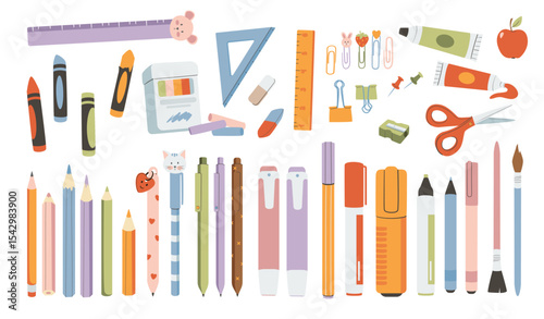 School supplies set. Vector illustration for study, school, university. Back to school, collection of school stationery.