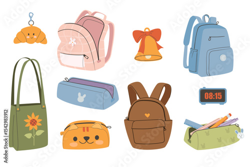 Set of different school backpack and schoolbag. Back to school, collection of children bags. Hand drawn vector illustration isolated on white background. Modern flat cartoon style