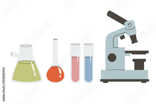 Microscope chemistry pharmaceutical instrument, microbiology magnifying tool. Glassware with chemical reagents. Laboratory test tubes. Medical scientific research.