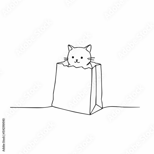 Cat curiously peeking out from a paper bag in minimalist style  