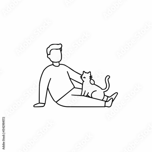 Man sitting on floor with cat in simple outline style  