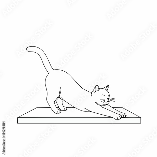 Cat stretching on a flat surface in simple line art style  