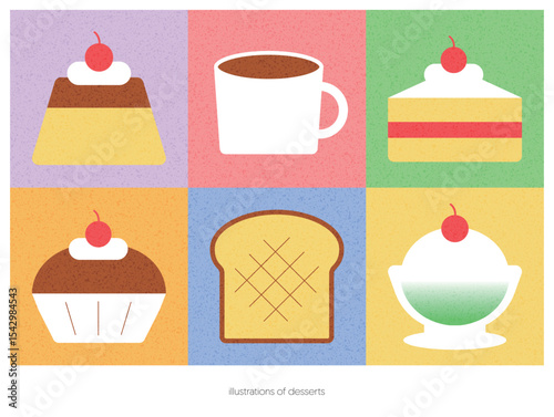 Cute, sweet and colorful pudding, cupcake, bread, dessert illustration set