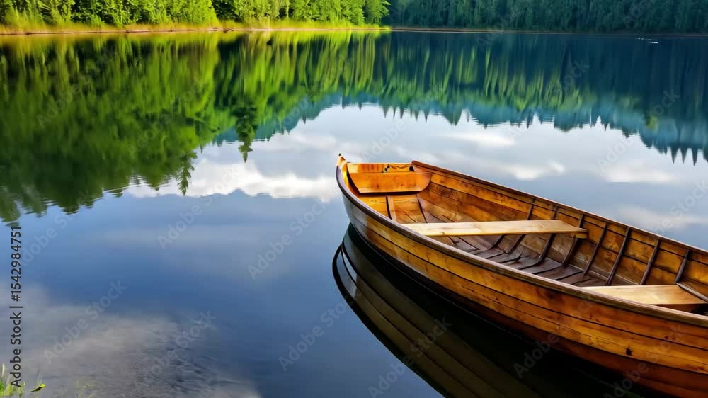Calm lake with a wooden rowboat peacefully docked reflecting the surrounding nature, Wooden rowboat docked on calm lake with clear reflection Calm lake with a wooden rowboat peacefully docked reflecting the surrounding nature, Wooden rowboat docked on calm lake with clear reflection