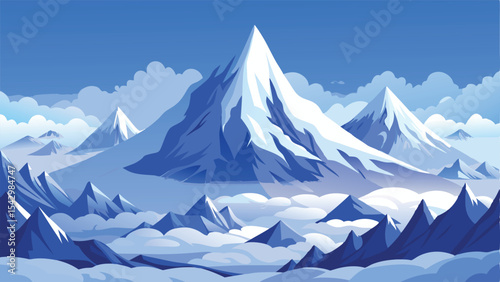 Illustration of a majestic mountain range with snow capped peaks and clouds in a blue sky landscape