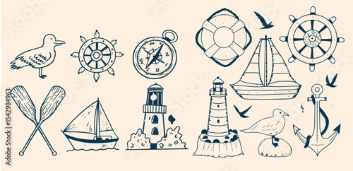 Illustrated collection of hand-drawn nautical elements featuring ships, lighthouses, anchors, compasses, sea animals, and maritime tools.