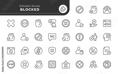 Blocked line icon set. Banned, forbidden, block, blocking, error, rejected, disabled, close, prohibited sign, stop, no entry, spam and more. Outline icon in linear style. Vector collection.