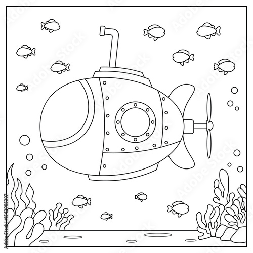 Submarine cute and funny outline coloring page. Submarine, transportation, vehicle, outline coloring book for kids.