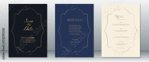 Stylish wedding invitation and menu card set designed with a decorative gold vintage frame on dark blue, navy blue, and cream backgrounds. Ideal for luxury, formal, and classic wedding themes.