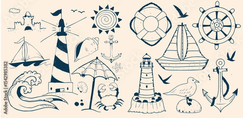 Illustrated collection of hand-drawn nautical elements featuring ships, lighthouses, anchors, compasses, sea animals, and maritime tools.