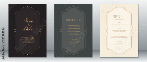 Vintage wedding invitation set with graceful golden frame on black, dark gray, and cream backgrounds. Includes save the date, invitation, and menu cards with stylish typography and classic design.