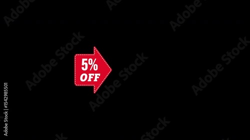 5 percent off. Arrow points to a product, item or service with a 5 percent discount. Animated banner for marketing and advertising