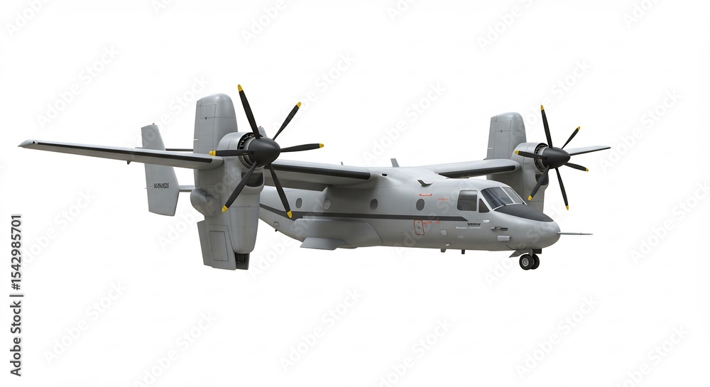 Fototapeta premium 白背景、力強く回転するプロペラを持つ軍用機、精密な描写. AI Generated
