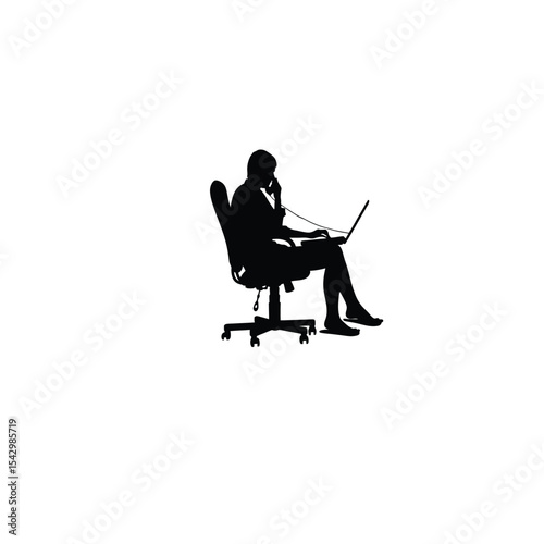 Silhouette of an office worker multitasking with phone and laptop on white background