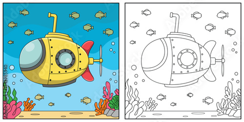 Submarine cute and funny outline coloring page. Submarine, transportation, vehicle, outline coloring book for kids.