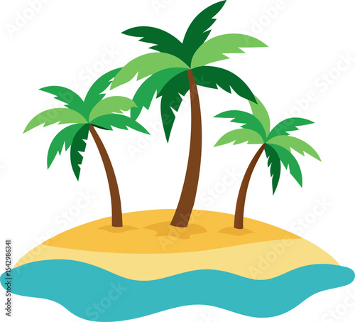 A minimalist island with palm trees and a sandy beach with white background.