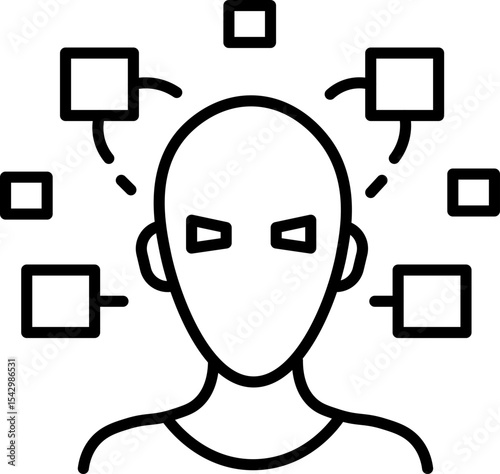 Person outline with connected squares, representing ideas, brainstorming, or mind mapping, symbolizing creativity, innovation, and mental process in minimalistic style