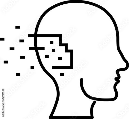 Minimalist line art illustration of human head profile with pixelated elements, symbolizing digital transformation, artificial intelligence, and technology integration in modern thinking