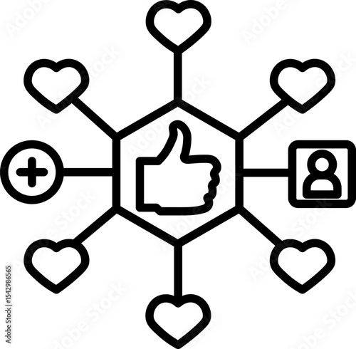 Social media network icon with central thumbs up symbol, surrounded by heart shapes, user profile, and add symbol, representing online engagement and positive interaction