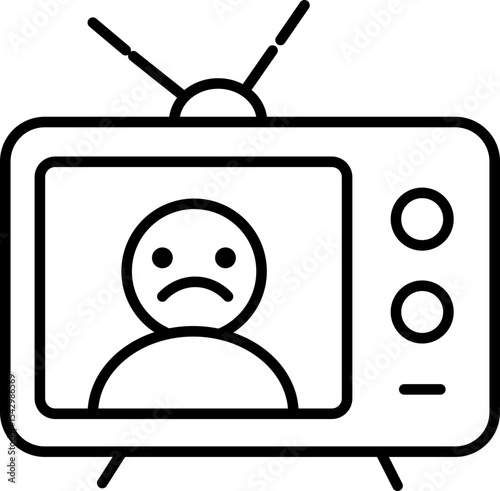 Sad face on television screen simple line art unhappy emotion retro TV black and white minimalistic style communication media technology outline drawing