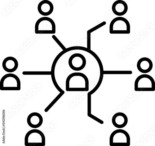 Network of connected people icons, representing teamwork, collaboration, and communication in business or social context. Simple line art style, black and white