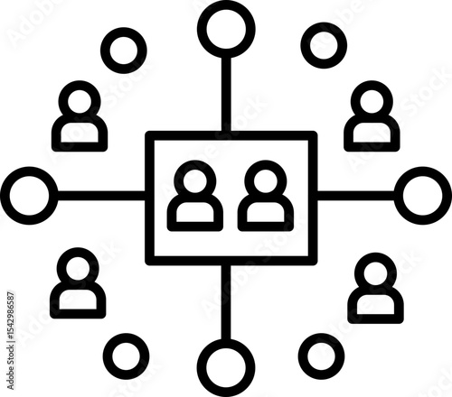 Network of people connected by lines and circles, representing teamwork, collaboration, and social connection in business or community setting. Simple black outline style