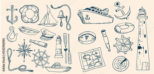 Illustrated collection of hand-drawn nautical elements featuring ships, lighthouses, anchors, compasses, sea animals, and maritime tools.