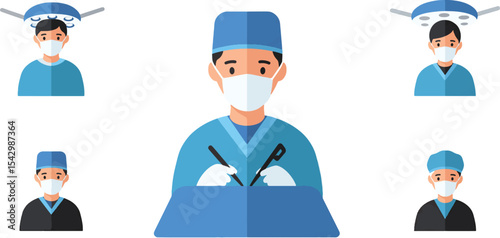 Surgeon Icons Flat Design Illustrations of Medical Professionals in Operating Room