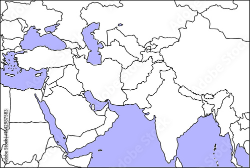 map of west asia, central asia and south asia countries in wide view