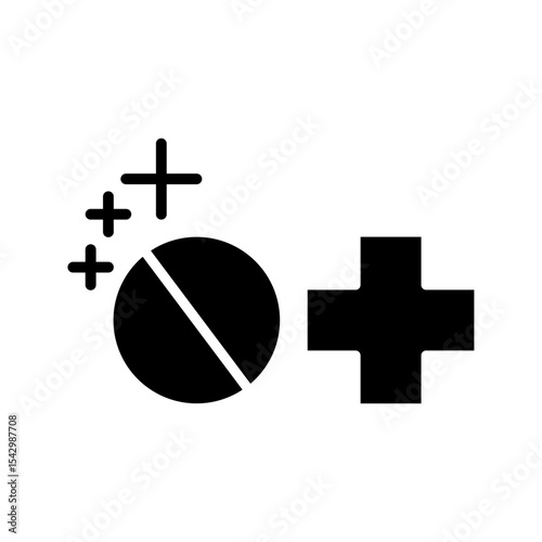 Medical tablet icon with cross and sparkles. This design is suitable for use in healthcare-related apps, pharmaceutical branding, wellness infographics, and drug safety materials.