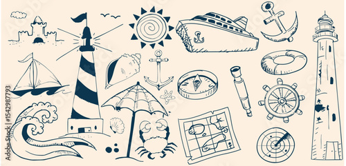 Illustrated collection of hand-drawn nautical elements featuring ships, lighthouses, anchors, compasses, sea animals, and maritime tools.