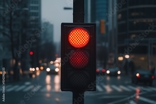 City stoplight shows red signal, cars wait at crosswalk, skyscrapers blurred in background.