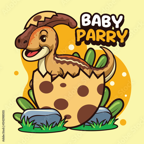 Cute baby Parasaurolophus Dinosaur Character Mascot in Vector Cartoon Illustration