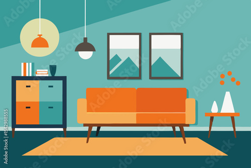 Mid-Century Modern Living Room Interior Design  A Retro-Inspired Space with Stylish Furniture and Decor